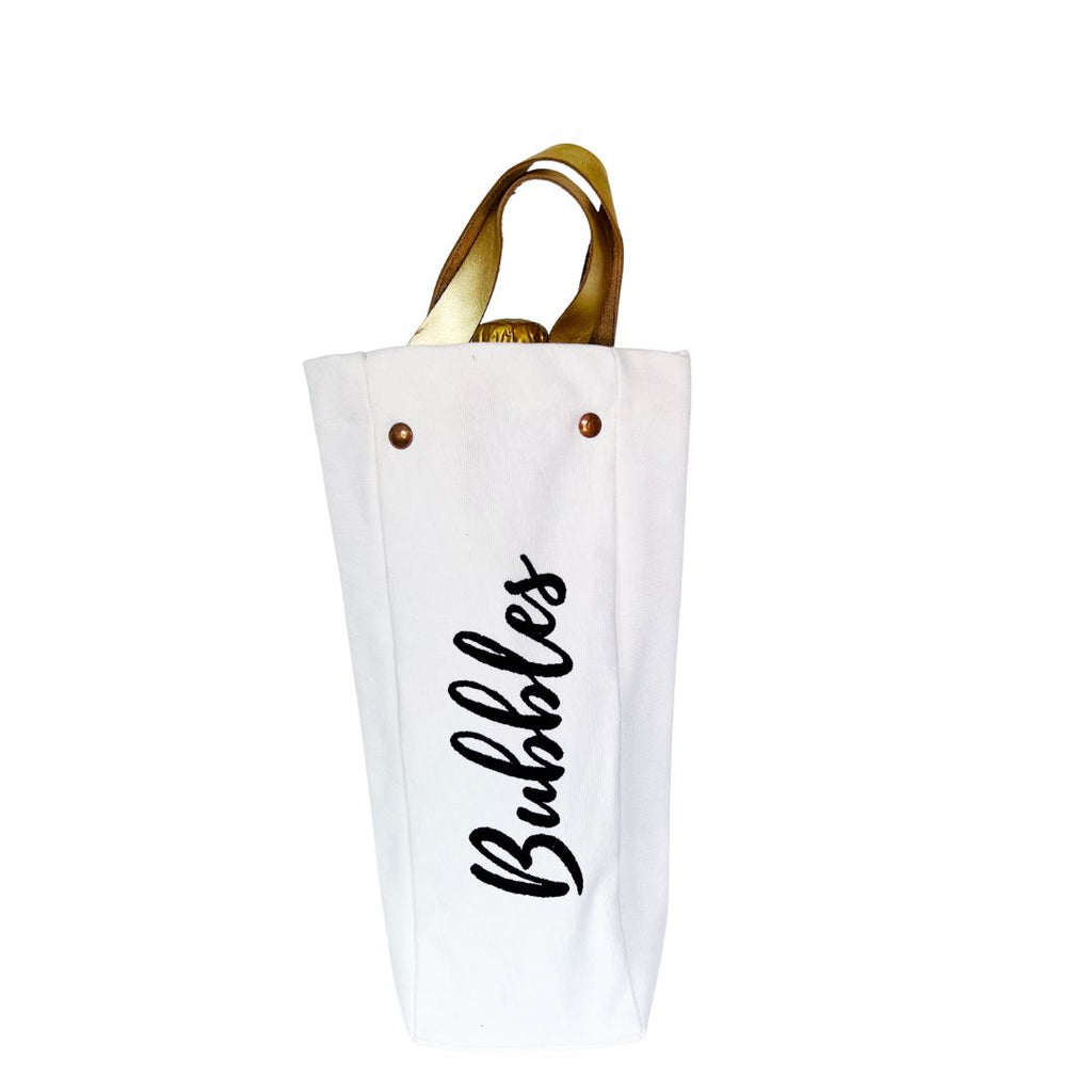 Single wine tote with "bubbles" screen printed on the outside and corresponding gold leather handle.