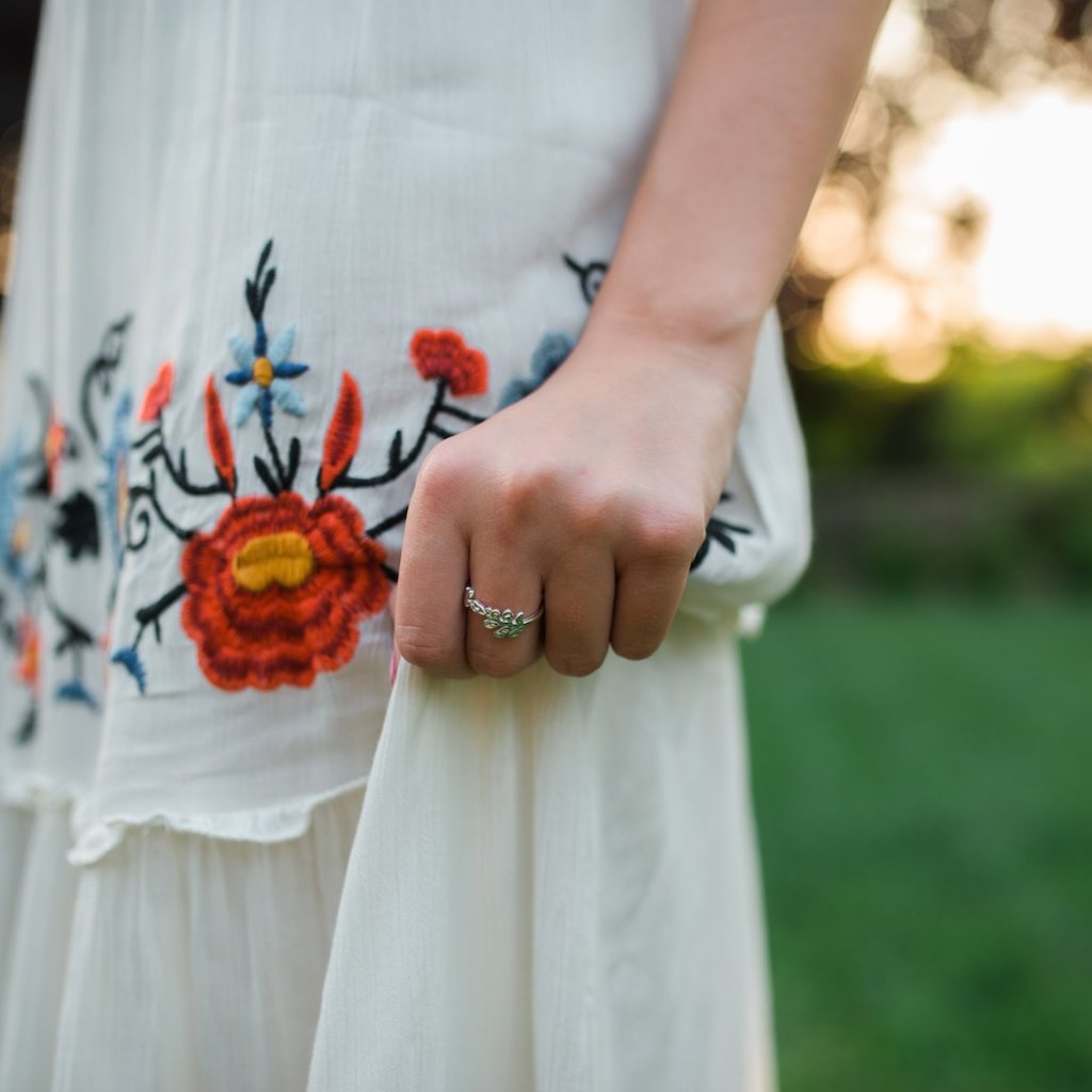 Olive Leaf and Poppy Flower Ring - Olive and Poppy